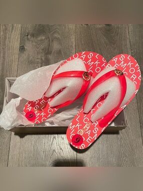 Michael Kors Bright Red Logo Print Flip Flop Sandals
